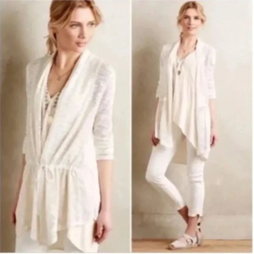DOLAN Left Coast White Contrast Anorak Cardigan Sweater Tie Waist Woven Slub L